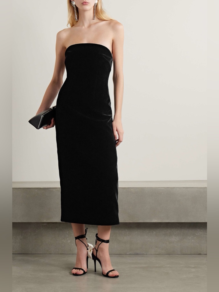 Veronica Beard Black Flora Velvet Strapless Maxi Dress